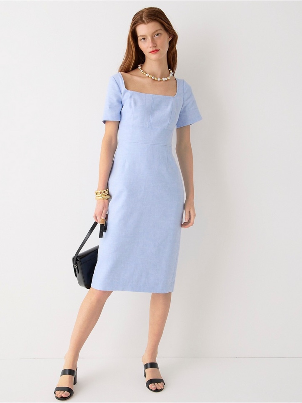 NEW J. Crew Stretch Linen Sheath Dress Blue Square Neck Short Sleeve